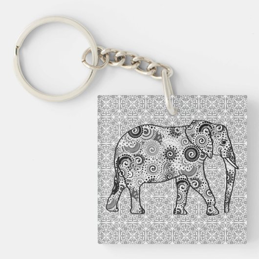 Fractale wervelolifant - grijs, zwart en wit sleutelhanger (Voorkant)