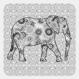 Fractale wervelolifant - grijs, zwart en wit vierkante sticker