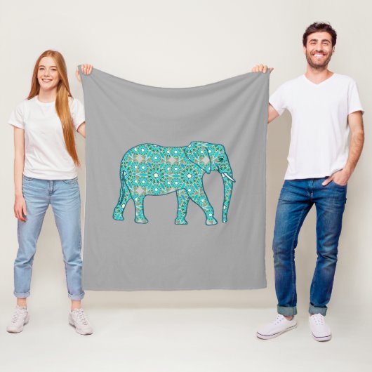Fractale wervelolifant, turkooizen, grijs en wit fleece deken (In situ)