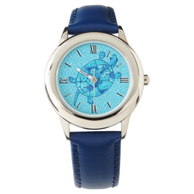 Fractale wervelschildpad - kobalt en turkooisblauw horloge (Voorkant)
