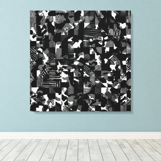 "Fractura" - Zwart Wit Camouflagepatroon Canvas Afdruk (Insitu (Houten vloer))
