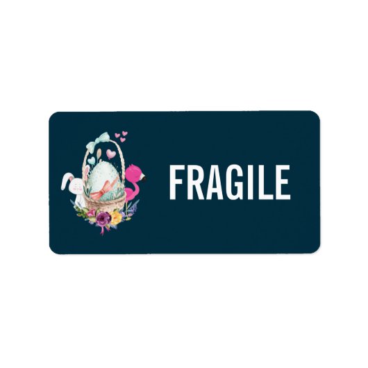 Fragile Cute Egg, Roze Flamingo & Bunny Waterverf Etiket (Voorkant)