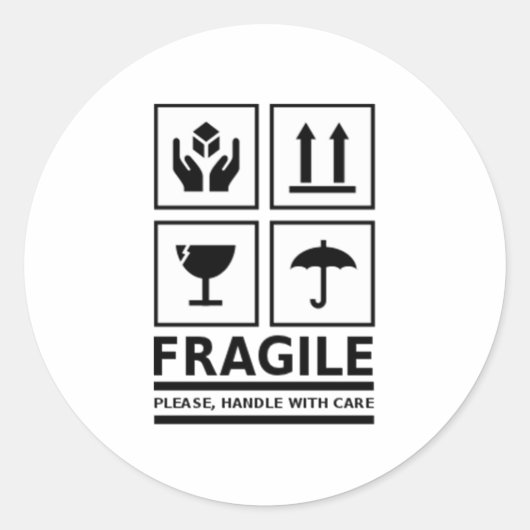 Fragile handgreep met zorg ronde sticker (Voorkant)
