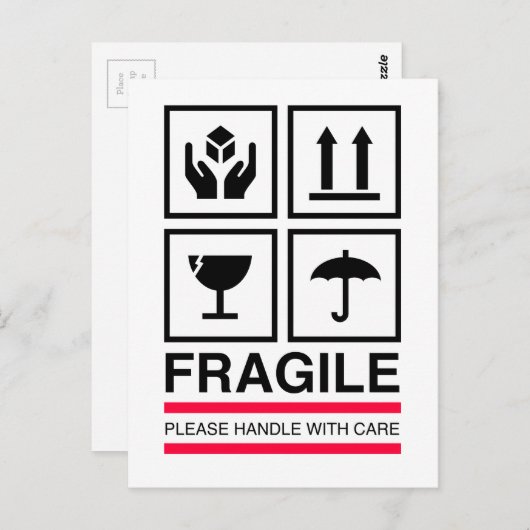 Fragile handvat met ontwerp van grafisch etiket vo briefkaart (Voorkant / Achterkant)