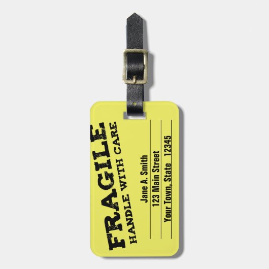 Fragile, handvat met zorg, geel bagagelabel (Voorkant verticaal)