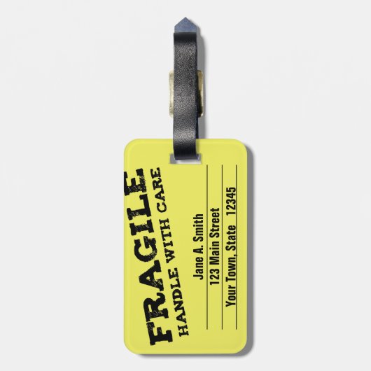 Fragile, handvat met zorg, geel bagagelabel (Achterkant verticaal)