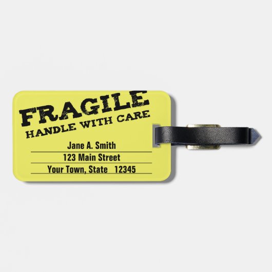 Fragile, handvat met zorg, geel bagagelabel (Achterkant horizontaal)