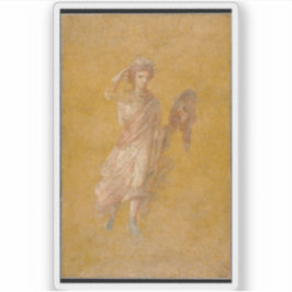 Fragment van een geel fresco paneel met muze sticker