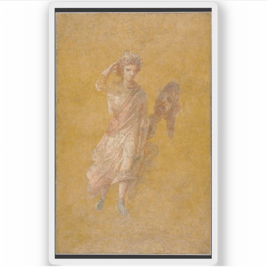 Fragment van een geel fresco paneel met muze sticker (Voorkant)