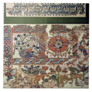 Fragment van textiel waarin Jonah en de walvis wor Tegeltje