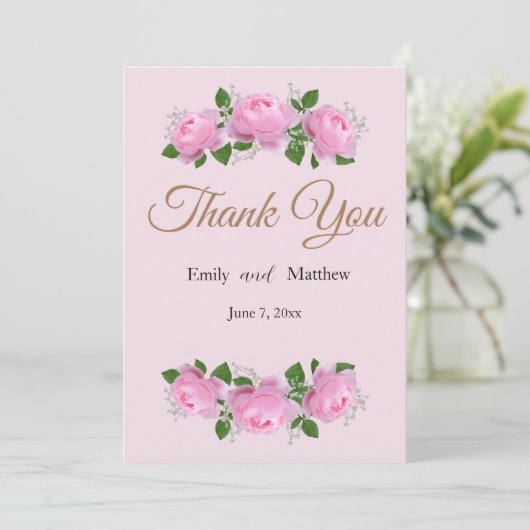Fragrant roze rozen, bruiloft bedankt. bedankkaart (Staand voorkant)