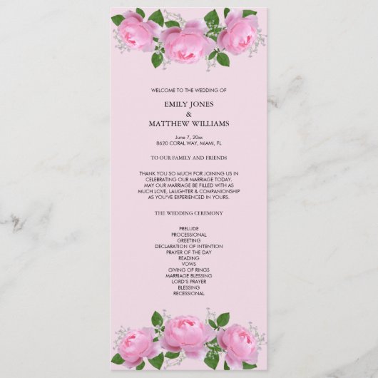 Fragrant roze rozen, bruiloft ceremonie programmakaart (Voorkant)