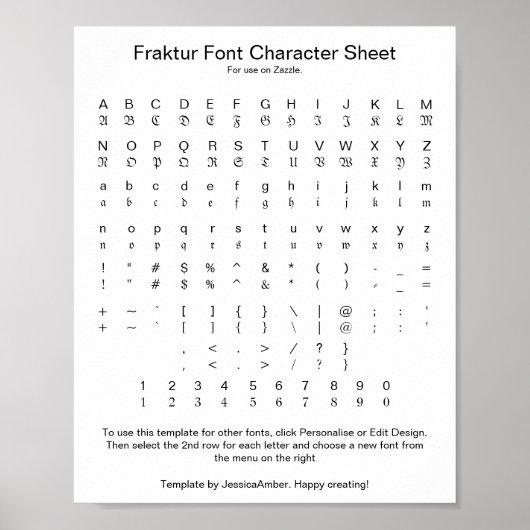 Fraktur-lettertype karaktersheet voor Zazzle Poster (Voorkant)