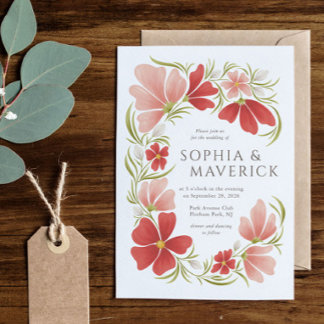 Framboos & Blush Bold Bloemen Bruiloft Uitnodiging