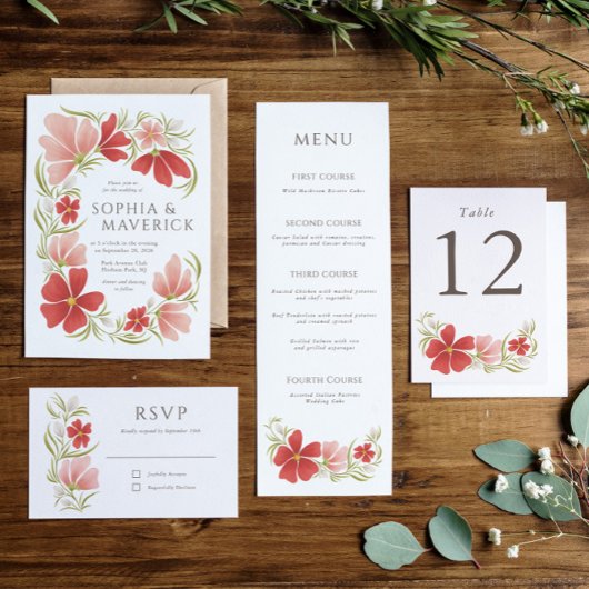 Framboos & Blush Bold Bloemen Bruiloft Uitnodiging