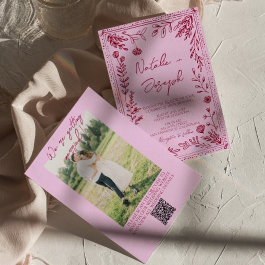 Framboos Roze QR Code Getekende Bloem Foto Bruilof Kaart