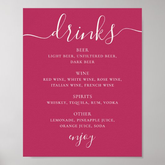 Framboos Roze Script Trouw Dranken Bar Menu Poster (Voorkant)