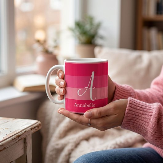 Framboos Roze Strepen Aangepaste Monogram Naam  Koffiemok