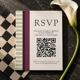 Framboos & Salie Groene Gestreepte QR Code Trouwka RSVP Kaartje