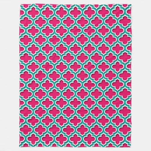 Framboos Teal Witte Marokkaanse Quatrefoil #5DS Fleece Deken (Voorkant)