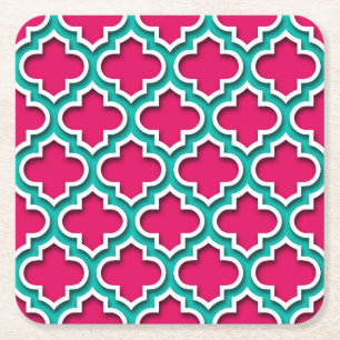 Framboos Teal Witte Marokkaanse Quatrefoil #5DS Kartonnen Onderzetters