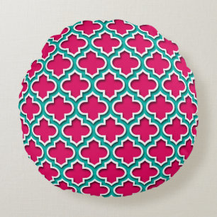Framboos Teal Witte Marokkaanse Quatrefoil #5DS Rond Kussen
