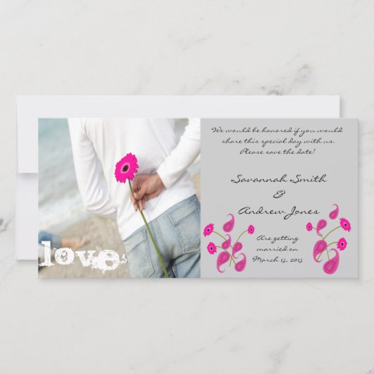 Frambose Paisley & Gerbers op grijze sparen de dat Save The Date (Voorkant)