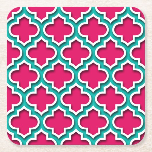 Frambozen Blauwgroen wit Marokkaans Quatrefoil #5D Kartonnen Onderzetters (Voorkant)