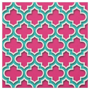 Frambozen Blauwgroen wit Marokkaans Quatrefoil #5D Stof