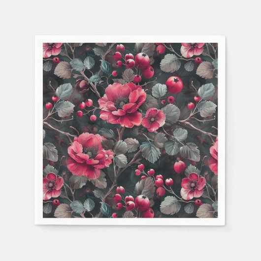 Frambozen, bordeaux bloemen op donkergrijs servet (Voorkant)