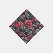 Frambozen, bordeaux bloemen op donkergrijs servet (Hoek)