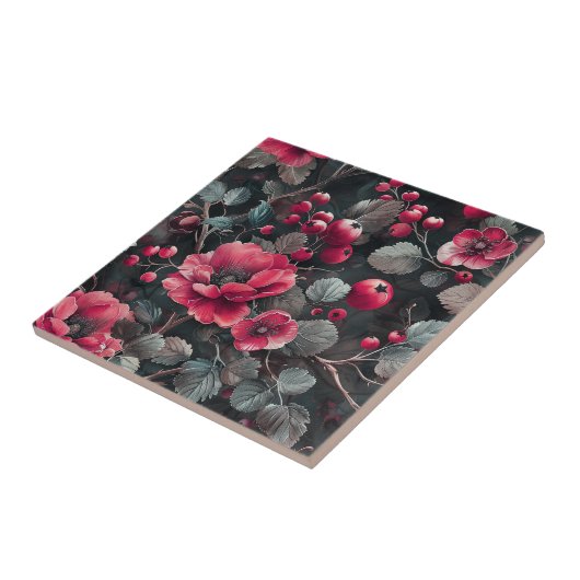 Frambozen, bordeaux bloemen op donkergrijs tegeltje (Zijkant)