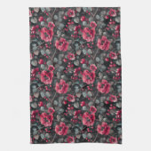 Frambozen, bordeaux bloemen op donkergrijs theedoek (Verticaal)