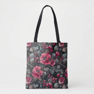 Frambozen, bordeaux bloemen op donkergrijs tote bag