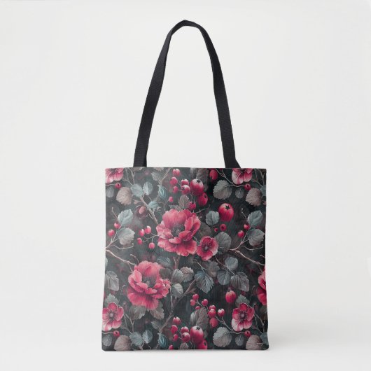 Frambozen, bordeaux bloemen op donkergrijs tote bag (Voorkant)