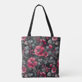 Frambozen, bordeaux bloemen op donkergrijs tote bag (Achterkant)
