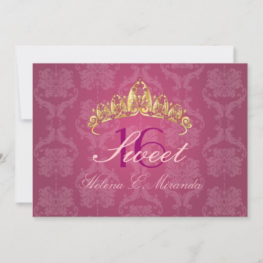 Frambozen Damask Sweet 16/ tiara/ uitnodigingen (Voorkant)