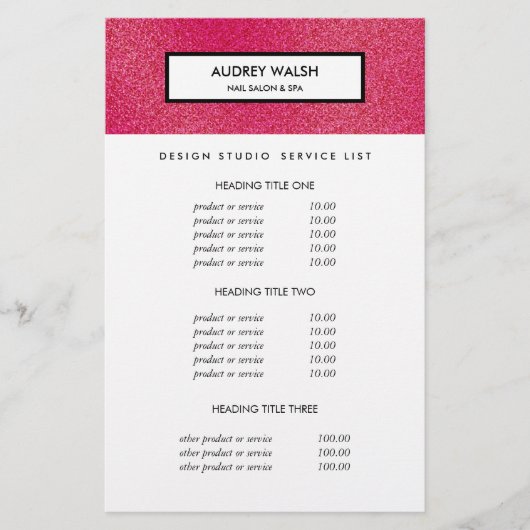 Frambozen Glitter Witte Salon Prijzen & Diensten Flyer (Voorkant)