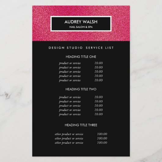 Frambozen Glitters  Zwarte Salon Prijzen & Dienste Flyer (Voorkant)