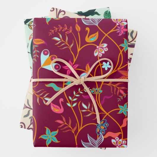 Frambozen, Mint en Cream Boho-patronen Inpakpapier Vel (In situ)