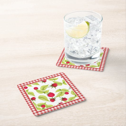 Frambozen op Red Gingham Kartonnen Onderzetters (Insitu)