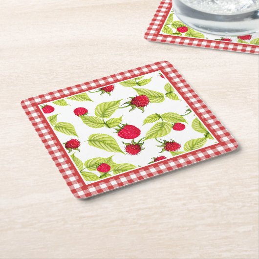 Frambozen op Red Gingham Kartonnen Onderzetters (Schuin)