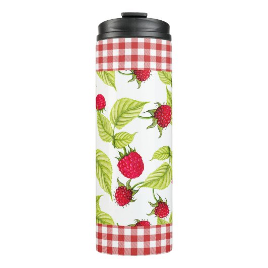 Frambozen op rode Gingham Thermosbeker (Voorkant)