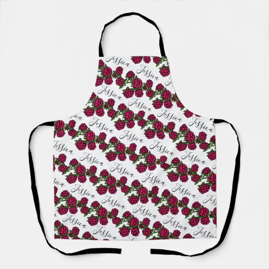 Frambozen tekening rood groen naampatroon schort (Voorkant)