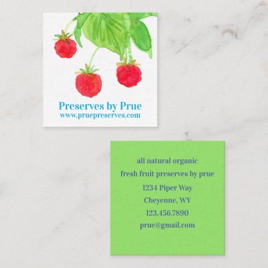 Frambozen Vers Fruit Waterverf Rood Groen Vierkante Visitekaartje (Voorkant / Achterkant)