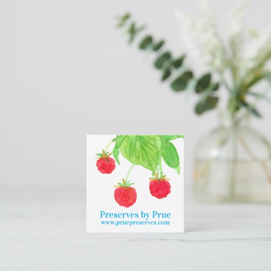 Frambozen Vers Fruit Waterverf Rood Groen Vierkante Visitekaartje (Staand voorkant)