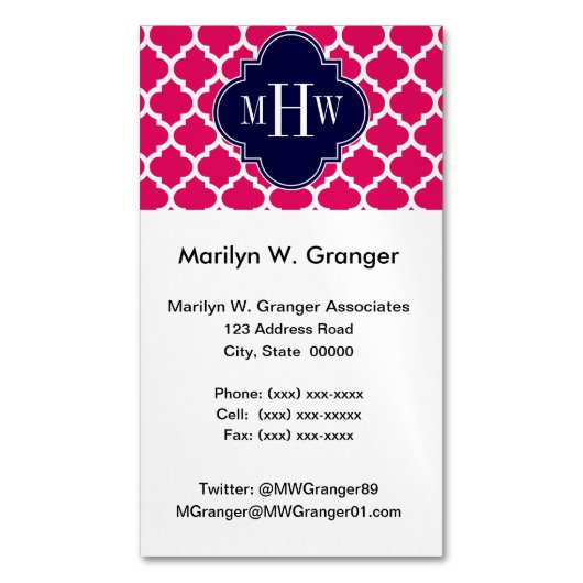 Frambozen WhMarokkaans #5 Navy 3 Initiaal Monogram Magnetisch Visitekaartje (Voorkant Verticaal)