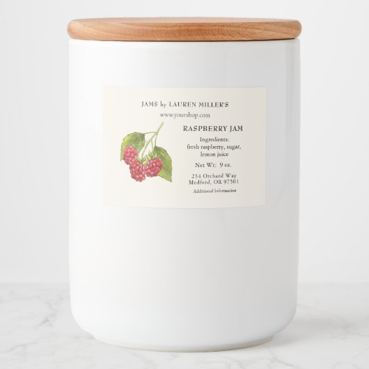 Frambozenjam-etiket met ingrediëntenlijst voedselcontainer etiket (Voorkant)