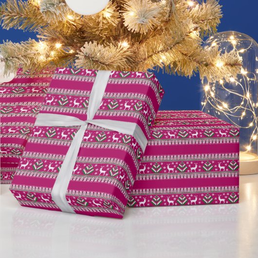 Frambozenroze groen en wit Fair Isle Kerstmis Cadeaupapier (Feestdagen)