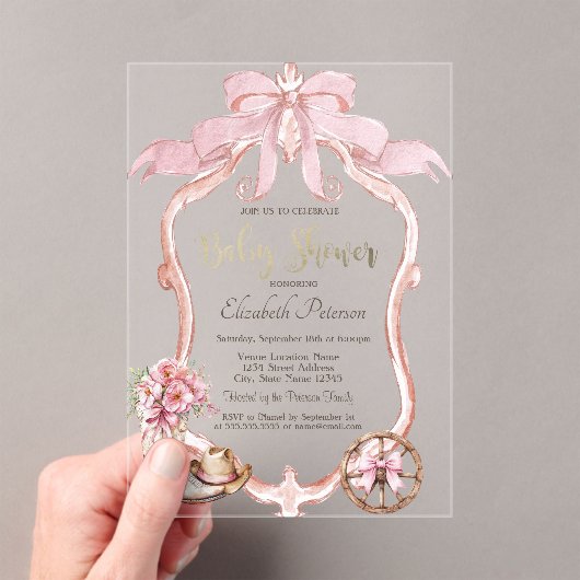 Frame Bow Cowgirl Wester Striped Baby Shower  Acryl Uitnodigingen (Insitu (Draagbaar))